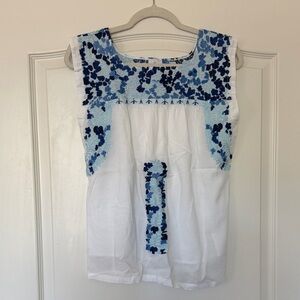 Floral Embroidered Blue and White Blouse
